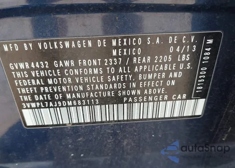 2013 Volkswagen Jetta Sportwagen 2.0L Tdi z USA, uszkodzony, nr VIN 3VWPL7AJ9DM683113